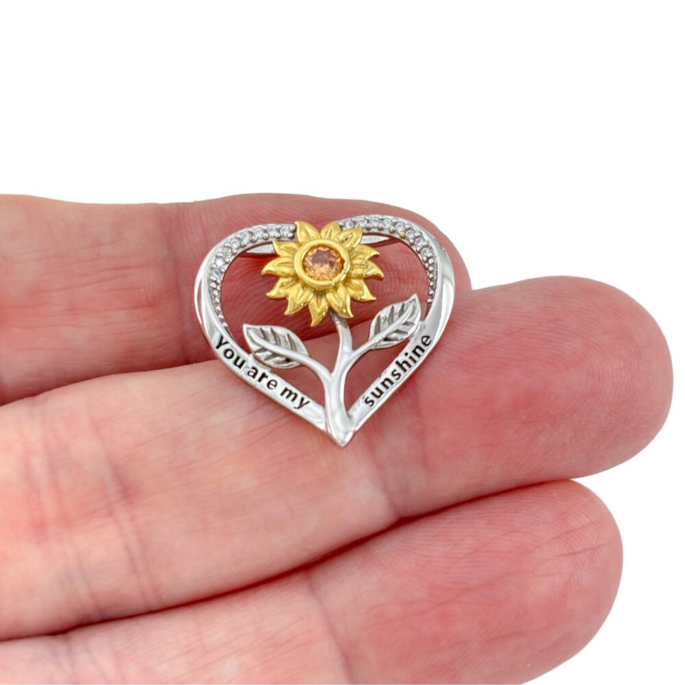 14k White Gold-Plated Sterling Silver 925 CZ You Are My Sunshine Heart Pendant